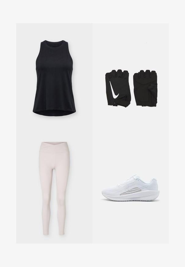 Débardeur noir sans manches avec col montant et ourlet légèrement arrondi, présenté sur un fond plat gris clair.; Leggings beige clair taille haute sans coutures avec un détail de ceinture croisée, présentés à plat sur un fond blanc.; Baskets blanches avec une tige en mesh, bout rond et semelle texturée. Présentent un swoosh Nike argenté et un design minimaliste.; Gants de gym sans doigts noirs en tissu respirant, avec un logo blanc Nike, des paumes rembourrées et un design ouvert au niveau du poignet pour plus de flexibilité.