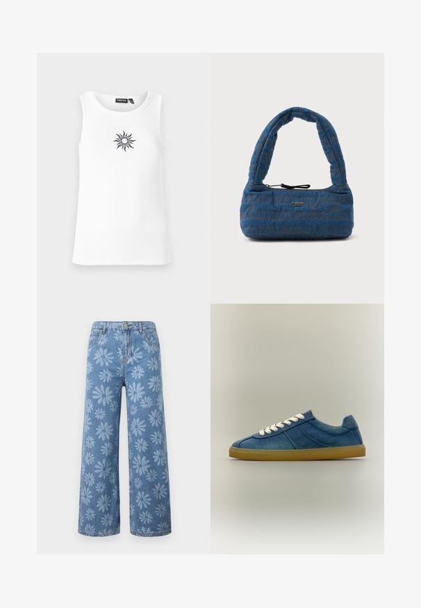 Weißes, geripptes Tanktop mit rundem Ausschnitt und einem schwarzen, gestickten Sonnenmotiv auf der Vorderseite. Einfaches Design, lässige Passform.; Blaue Jeans mit weitem Bein, versehen mit einem hellblauen Gänseblümchen-Muster, Vordertaschen, Gürtelschlaufen und Knopfverschluss.; Blauer Denim-Low-Top-Sneaker mit weißen Schnürsenkeln und brauner Gummisohle, im Profil auf neutralem Hintergrund gezeigt.; Blaues Denim-Handtasche mit einem gepolsterten, gebogenen Griff. Verfügt über ein dezentes braunes Logo-Muster und einen schwarzen Kordelzugverschluss.