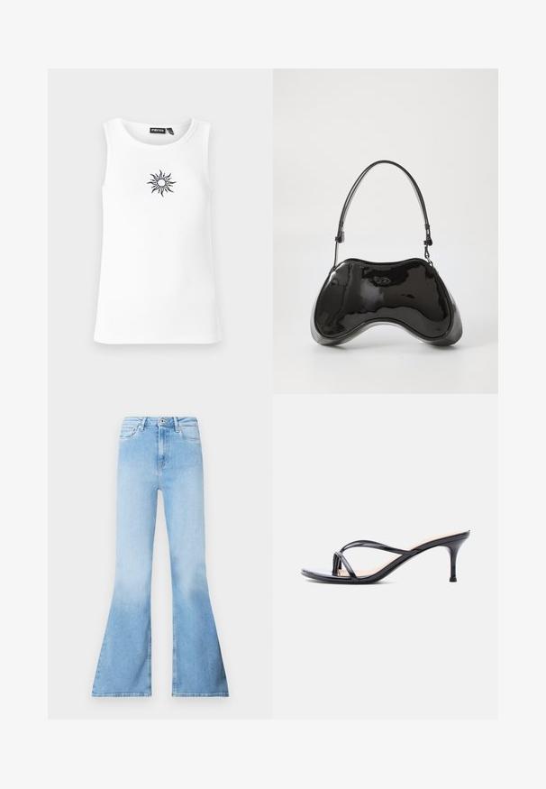 Weißes, geripptes Tanktop mit rundem Ausschnitt und einem schwarzen, gestickten Sonnenmotiv auf der Vorderseite. Einfaches Design, lässige Passform.; Hellblaue Bootcut-Jeans aus Denim mit hoher Taille, die vordere Taschen und eine ausgebleichte Textur am unteren Beinbereich aufweisen.; Schwarze Peeptoe-Sandale aus Lackleder mit dünnen, gekreuzten Riemen und einem schlanken, mittelhohen Stilettoabsatz vor weißem Hintergrund.; Schwarze Handtasche aus lackiertem Leder mit einer einzigartigen, geschwungenen Form, kurzem verstellbarem Griff und einem Reißverschluss oben. Glatte Textur mit dezentem Branding.
