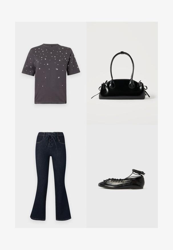 T-shirt à manches courtes gris foncé avec des petites étoiles en argent et des embellissements en points dispersés sur le devant et les manches.; Jean évasé bleu foncé avec fermeture à lacets à l'avant et poches avant, présenté à plat sur un fond uni.; Ballerines en cuir verni noir avec un bout rond, un design à lacets et une semelle plate. Texture lisse avec peu de détails.; Petit sac à main noir brillant avec deux longues anses et des détails à cordon sur les côtés sur un fond clair uni.