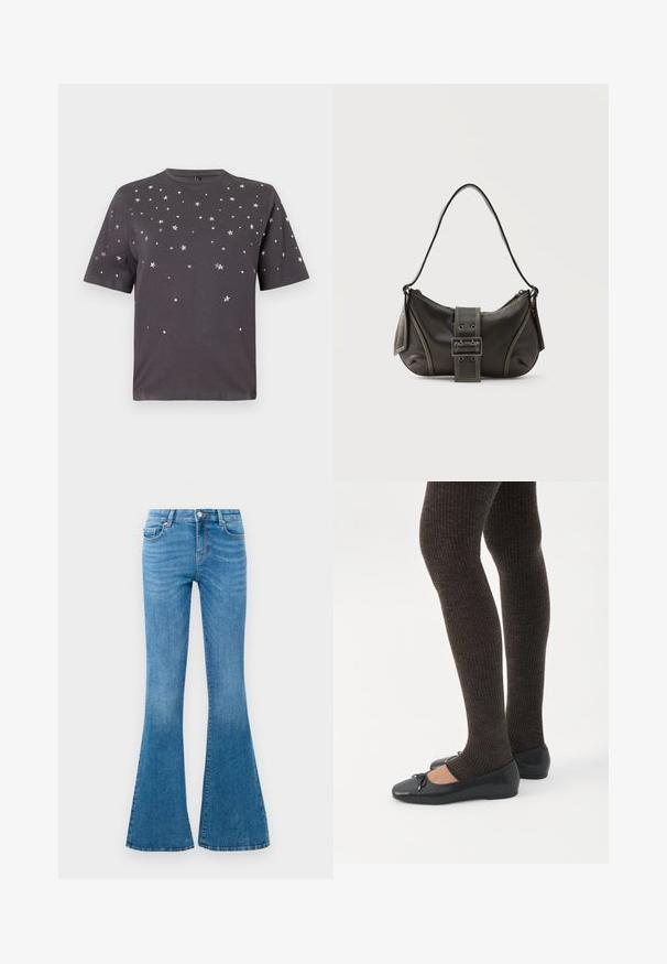 T-shirt à manches courtes gris foncé avec des petites étoiles en argent et des embellissements en points dispersés sur le devant et les manches.; Jean flare en denim bleu avec une taille mi-haute, comportant cinq poches, un bouton standard et un léger délavage pour la texture.; Jambes portant des leggings côtelés foncés associés à des ballerines noires avec de petits détails en nœud sur fond blanc.; Sac à épaule en cuir noir avec une sangle à boucle, des bords arrondis et des coutures blanches contrastées sur un fond uni.