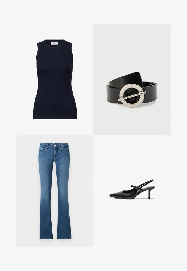 Haut sans manches en coton lisse, de couleur marine, avec un col rond et une coupe ajustée sans embellissements. Décontracté et polyvalent.; Jean en denim bleu avec une taille moyenne, un design à cinq poches et des jambes légèrement évasées sur un fond uni.; Talons aiguilles noires en cuir avec un bout pointu, une fine bride réglable, et un talon aiguille d'environ 5 cm, texture lisse.; Ceinture en cuir synthétique noir avec une boucle ronde en métal argenté. Texture plate et lisse avec un design épuré et sans motifs visibles.