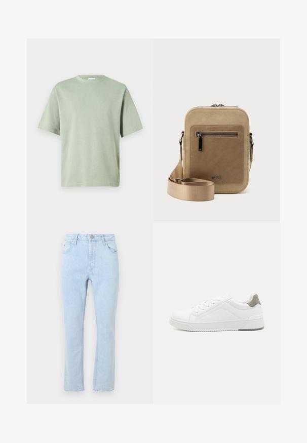 Lichtgroene katoenen t-shirt met een ronde hals en korte mouwen. De stof heeft een gladde textuur en is niet versierd met enige patronen.; Lichtblauwe denim jeans met een recht gesneden design, vijf zakken, vervaagde textuur en een metalen knoopsluiting in de taille.; Witte sneaker van glad leer met een ronde neus, minimalistisch ontwerp, grijze hielaccent en een geplaatste rubberen zool.; Kleine beige crossbodytas met een voorvak met ritssluiting, metalen ALDO-logo, verstelbare brede band en afgeronde rechthoekige vorm op een witte achtergrond.