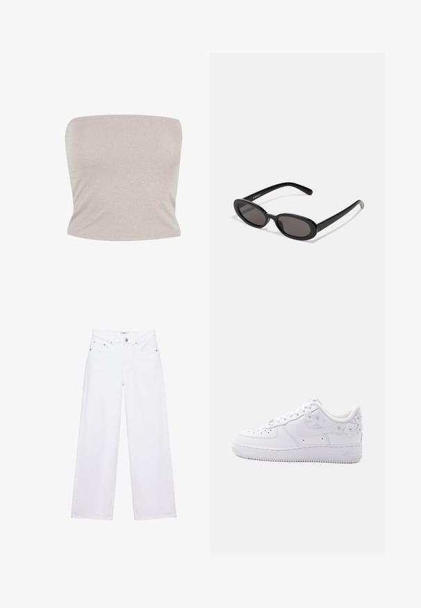 Bandeau top i lys beige strikket stof med subtil glans, der har en tætsiddende design og glat tekstur, med en lige udskæring.; Hvide jeans med høj talje og vide ben med knap- og lynlåslukning, for- og baglommer samt sølvfarvede nitter som detaljer.; Hvid lavtop sneaker med perforeret tå, Nike swoosh og dekorative hvide blomsterdetaljer på hælen og siden.; Even&Odd Solbriller - black