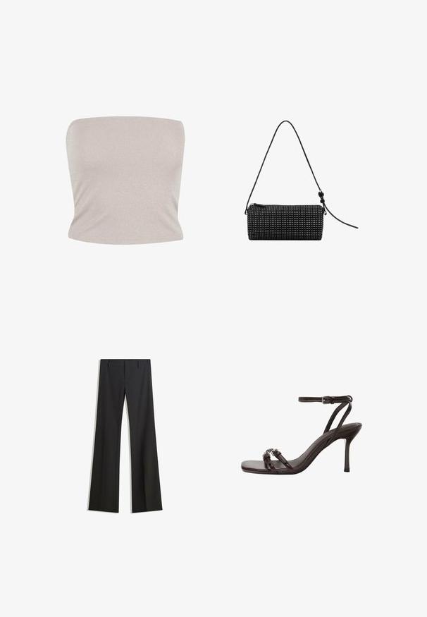 Bandeau top i lys beige strikket stof med subtil glans, der har en tætsiddende design og glat tekstur, med en lige udskæring.; Sorte, flarede bukser med en glat tekstur, der har en skræddersyet pasform og en talje. Ingen synlige mønstre eller udsmykninger.; Mørkebrun læderhøjhælet sandal med tynde stropper, firkantet tå, to spænde-detaljer på frontstroppene og ankelrem med spænde lukning.; Sort cylindrisk taske lavet af struktureret stof, med lynlås og skulderrem. Dekoreret med små hvide nitter over det hele.
