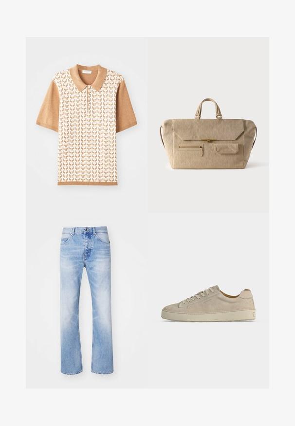 Kortærmet polo shirt med et beige teksturmønster, lys brown krave og manchetter, med tre knapper og geometriske designs.; Lyseblå denim jeans med et lige ben-design, der har en klassisk fem-lommer stil og et subtilt falmet mønster.; Beige ruskind lavtop sneaker med snørelukning og tyk gummisål, vist fra siden på en ensfarvet hvid baggrund.; Beige fløjlsbukse-weekendtaske med dobbelte håndtag, klaplås, frontlomme med lynlås og lille klaplomme på hvid baggrund.