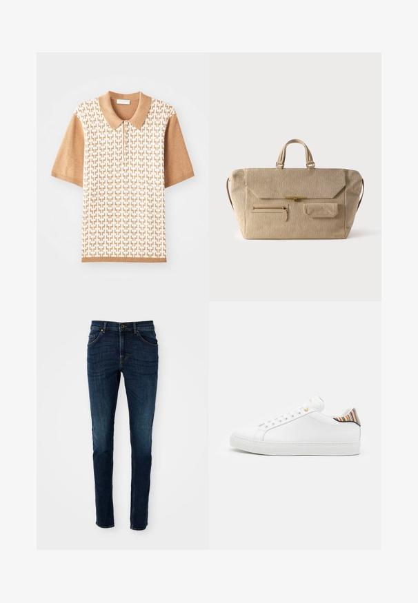Polo de manga corta con un patrón texturizado beige, cuello y puños en marrón claro, con tres botones y diseños geométricos.; Jeans de mezclilla azul oscuro con un corte slim, diseño estructurado, estilo de cinco bolsillos y detalles de decoloración ligera a lo largo de las piernas y costuras.; Zapatilla de cuero blanca con un acabado suave, que presenta un acento de rayas coloridas en el talón, ojal dorado y suela plana blanca.; Bolsa de fin de semana beige de pana con doble asa, cierre de solapa, bolsillo frontal con cremallera y pequeño bolsillo con solapa sobre fondo blanco.