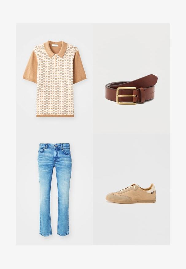 Kurzarm-Polohemd mit einem beigen strukturierten Muster, hellbraunem Kragen und Bündchen, ausgestattet mit drei Knöpfen und geometrischen Designs.; Blaue Jeans aus Denim mit einem ausgewaschenen Look, geradem Bein und rohem Saum. Verfügt über einen Fünf-Taschen-Stil und Metallknopf-Details.; Beige Wildleder-Sneaker mit perforierten Details, cremefarbenen Schnürsenkeln und einer strukturierten braunen Sohle, mit einem farblich kontrastierenden Akzent an der Ferse.; Brauner Ledergürtel mit goldener rechteckiger Schnalle, aufgerollt vor weißem, einfarbigem Hintergrund.