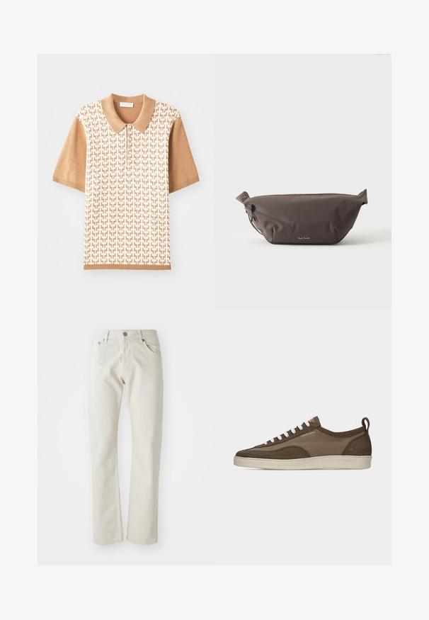 Kortærmet polo shirt med et beige teksturmønster, lys brown krave og manchetter, med tre knapper og geometriske designs.; Lyse beige jeans lavet af bomuld, med lige ben design, fem-lommers styling og en sølv metalknap lukning.; Lavprofileret brun sneaker med hvide snørebånd, beige sål, stof og ruskindsoverdel, side pull-tab og "Tiger of Sweden" logo i guldtekst.; Mørkebrun stof talje taske med diagonalt lynlåslomme og lille hvidt logo på fronten, sat mod en ensfarvet lys baggrund.