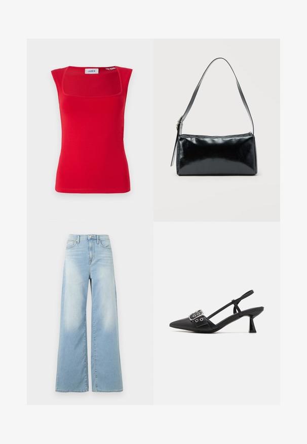 Rød ærmeløs top med firkantet halsudskæring, lavet af glat stof, med en tætsiddende pasform og ensartet tekstur, mærket med 'JJXX'.; Lyseblå jeans med vide ben og høj talje, forrest med knapper og lommer, vist mod en hvid baggrund.; Simmi London DALA - Pumps - black; Sort rektangulær skuldertaske med en enkelt justerbar rem og lynlås i toppen på en ensfarvet baggrund.
