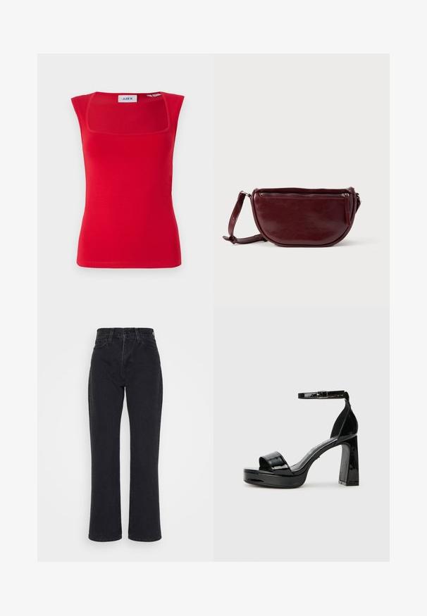 Rode mouwloze top met een vierkante halslijn, gemaakt van soepel stof, met een aansluitend ontwerp en een effen textuur, gelabeld met 'JJXX'.; Zwarte high-waist jeans met rechte pijpen, voorzakken en riemlussen op een witte achtergrond.; Buffalo ALICE NEAT - Sandalen met hoge hak - black; Dieprode lederen handtas met een halve-maansvorm, een ritssluiting en een afneembare riem. Gladde textuur met een subtiele glans.