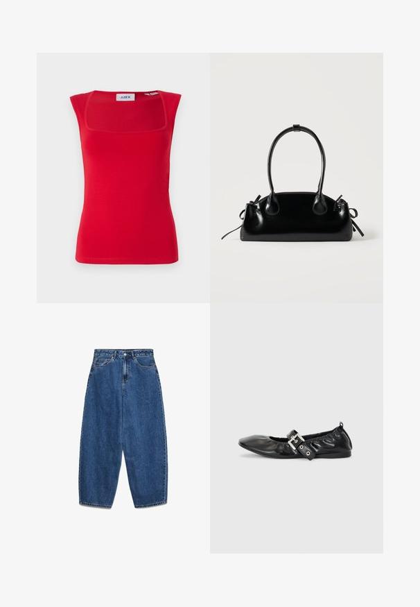 Rød ærmeløs top med firkantet halsudskæring, lavet af glat stof, med en tætsiddende pasform og ensartet tekstur, mærket med 'JJXX'.; Blå denimjeans med høj talje, afslappet pasform og lige ben. Klassisk design med fem lommer, lynlås og knaplukning.; Sorte læder flade sko med spids tå, samling detaljer omkring åbningen, og en sølv spænde accent på den justerbare rem.; Lille sort blank håndtaske med to lange håndtag og snøre-detaljer i siden på en ensfarvet lys baggrund.