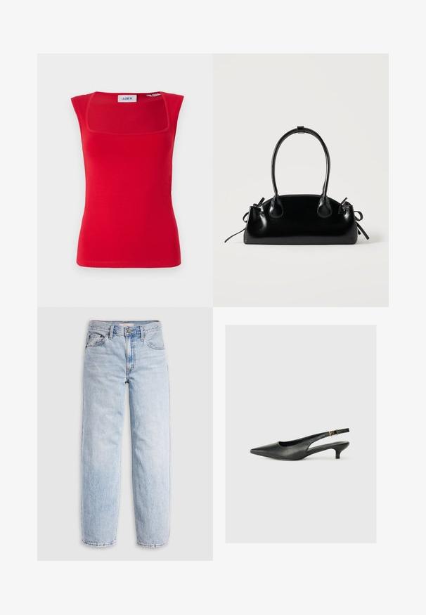 Rød ærmeløs top med firkantet halsudskæring, lavet af glat stof, med en tætsiddende pasform og ensartet tekstur, mærket med 'JJXX'.; Lyseblå denimjeans med høj talje, afslappet pasform, lige ben og et klassisk design med fem lommer. Synlige falmede detaljer og syninger.; Sorte spidse slingback-sko lavet af glat læder. Har en tynd hæl og en spænde detalje på den justerbare rem.; Lille sort blank håndtaske med to lange håndtag og snøre-detaljer i siden på en ensfarvet lys baggrund.