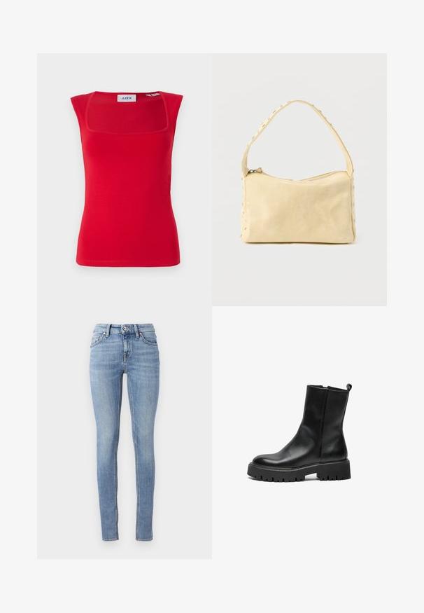 Rode mouwloze top met een vierkante halslijn, gemaakt van soepel stof, met een aansluitend ontwerp en een effen textuur, gelabeld met 'JJXX'.; Lichtblauwe skinny jeans van denim, met een standaard tailleband, vijf zakken en contrasterende stiksels langs de naden.; Zwarte leren enkellaars met een robuuste rubberen zool, ronde neus en een trekband aan de achterkant voor gemakkelijk aan- en uittrekken. Gladde textuur, minimalistisch ontwerp.; Kleine beige leren handtas met een enkele band en zilveren studs langs de randen en band, tegen een effen achtergrond.