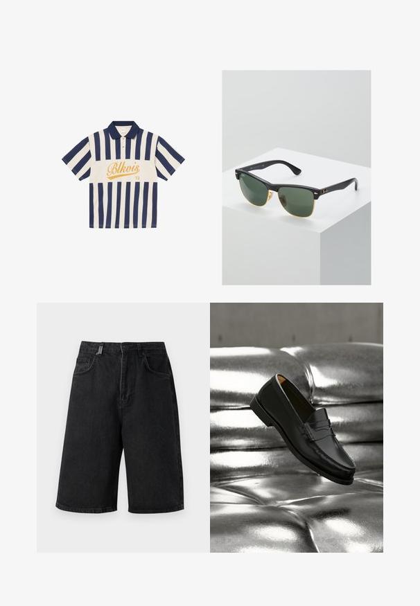 Polo à manches courtes avec rayures verticales bleu marine et blanches, col bleu marine, deux boutons, et texte jaune « Blkvis 13 » sur la poitrine.; Shorts en denim noir avec une coupe ample, une taille mi-haute, cinq poches et des passants de ceinture. Le tissu a une texture lisse et des détails de couture subtils.; Mocassin en cuir noir flottant au-dessus d'un canapé en cuir argenté brillant matelassé à boutons dans un décor minimaliste.; Lunettes de soleil Ray-Ban avec des verres verts, monture en plastique noir et accents dorés sur les bords. Forme carrée avec une finition mate.