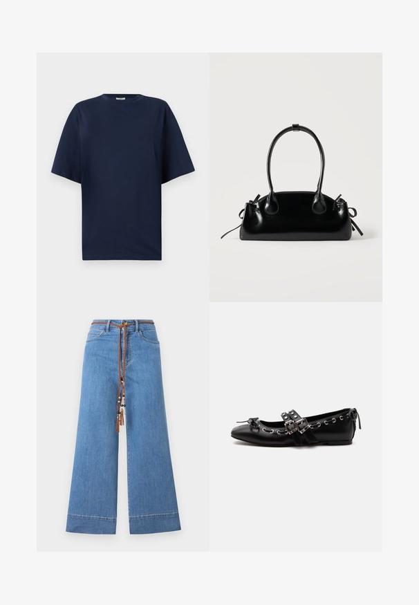 T-shirt en coton bleu marine avec un col rond, des manches courtes et une coupe décontractée. Texture lisse, sans motifs ni embellissements.; Jeans en denim large bleu clair avec une taille à cordon tressé marron, ornés de perles décoratives et d'un design traditionnel à cinq poches.; Chaussure de ballet plate noire avec doubles brides à boucle, œillets argentés et petit nœud près de l’orteil arrondi sur fond blanc.; Petit sac à main noir brillant avec deux longues anses et des détails à cordon sur les côtés sur un fond clair uni.