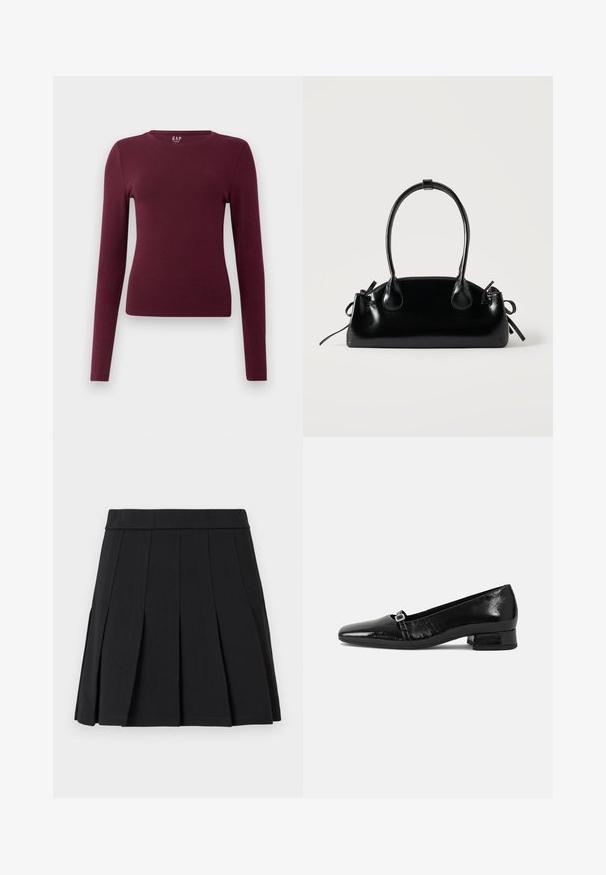 Chemise à col rond ajustée à manches longues de couleur bordeaux avec un design simple, sans motifs ni logos visibles, présentée sur fond blanc uni.; Jupe plissée noire en tissu lisse. Elle présente une large ceinture et plusieurs plis aiguille verticaux.; Ballet flats en cuir verni noir avec un bout pointu, un petit talon carré et un détail de boucle métallique sur la sangle. Texture lisse.; Petit sac à main noir brillant avec deux longues anses et des détails à cordon sur les côtés sur un fond clair uni.