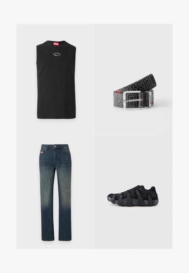 T-shirt sans manches noir en coton, avec un col rond et un logo argenté sur la poitrine. Design simple et uni sans motifs.; Jean en denim bleu à jambe droite avec lavage délavé, fermeture avant par bouton et fermeture éclair, et design à cinq poches.; Baskets noires avec semelle renforcée à nervures exagérées, design à lacets, dessus en textile mélangé et daim, vues de profil sur fond blanc.; Ceinture noire Diesel avec grand texte logo blanc, boucle rectangulaire en argent, et détail de boucle métallique brandée, enroulée sur un fond clair.