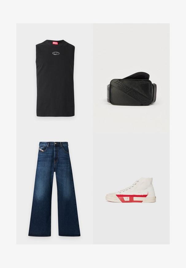 T-shirt sans manches noir en coton, avec un col rond et un logo argenté sur la poitrine. Design simple et uni sans motifs.; Jean en denim foncé à jambe large et taille haute. Dispose de cinq poches, d'une fermeture à bouton et d'une finition délavée près des cuisses.; Baskets montantes avec une tige en toile blanche, des accents en caoutchouc rouge et un détail d'ourlet effiloché, avec des œillets en argent et une semelle texturée.; Ceinture noire présentant un design texturé avec un logo en relief bien visible. Le matériau semble lisse avec une finition en cuir.