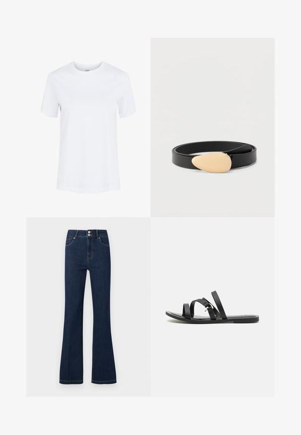 Hvid kortærmet bomuld T-shirt med rund hals og foldede ærmekanter, vist på en ensartet hvid baggrund.; Mørkeblå denimjeans med høj talje, dobbelt knaplukning, forlommer og let udvidede ben.; Zign Studio LEATHER - Slip-on sandaler - black; Sort læderbælte med spændet i glat, gyldent dråbeformet design og en slank rem.