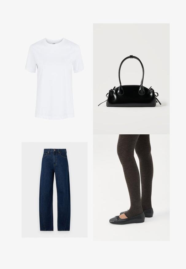 Hvid kortærmet bomuld T-shirt med rund hals og foldede ærmekanter, vist på en ensartet hvid baggrund.; Mørkeblå straight-leg denimjeans med knap- og lynlåsforside, bæltestropper og orange kontrastsyning på sømme og lommer.; Ben iført mørke ribbede leggings kombineret med sorte balletsko med små sløjfedetaljer på hvid baggrund.; Lille sort blank håndtaske med to lange håndtag og snøre-detaljer i siden på en ensfarvet lys baggrund.