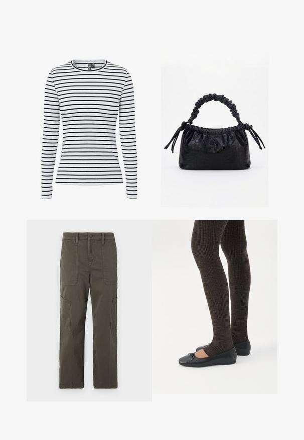 Camiseta blanca de manga larga con canalé, con finas rayas horizontales negras y cuello redondo.; Good American CROPPED PANTS - Pantalones cargo - fatigue; Piernas con leggings oscuros acanalados combinados con bailarinas negras que presentan pequeños detalles de lazo sobre un fondo blanco.; Bolso negro con textura de cocodrilo, borde superior fruncido, asa recogida y cordones con borlas en cada lado sobre un fondo blanco.