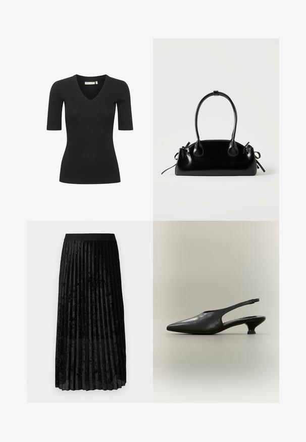 Haut noir à manches courtes en côte avec un col en V, présentant une silhouette ajustée et une texture lisse. Simple et polyvalent pour le superposition.; Jupe plissée noire en velours, avec une finition texturée ornée de paillettes brillantes réparties uniformément sur le tissu.; Chaussure à bride arrière en cuir noir avec bout pointu et petit talon bas sur fond neutre.; Petit sac à main noir brillant avec deux longues anses et des détails à cordon sur les côtés sur un fond clair uni.