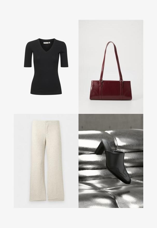 Top negro de manga corta con diseño de escote en V, que presenta una silueta ajustada y textura suave. Simple y versátil para superponer.; Pantalones de lino de pierna ancha color beige con cintura plana y detalle de cremallera cosida, mostrados sobre un fondo blanco liso.; Mula de cuero negro con tacón ancho descansando sobre una superficie plateada brillante acolchada, destacando su diseño elegante y detalles curvados.; Bolso burdeos hecho de material brillante, de forma rectangular, con dos asas para el hombro y sutiles acentos curvados en la parte frontal.