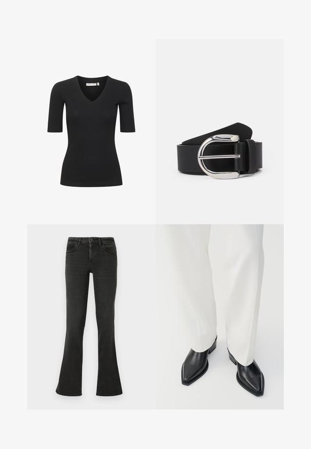 Top negro de manga corta con diseño de escote en V, que presenta una silueta ajustada y textura suave. Simple y versátil para superponer.; Vaqueros de mezclilla acampanados en negro. Presentan una cintura alta, bolsillos frontales y un diseño minimalista. La costura es visible a lo largo de las costuras.; Botas de tobillo negras con punta afilada y acabado de cuero liso, con tacones bajos y bloque, combinadas con pantalones blancos de pierna ancha. Diseño simple y moderno.; Cinturón de cuero negro con una hebilla de metal plateada, con una textura suave y un diseño clásico. La correa tiene un ancho de 1.5 pulgadas.