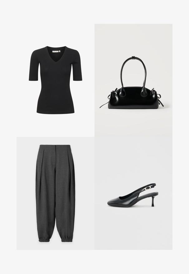 Haut noir à manches courtes en côte avec un col en V, présentant une silhouette ajustée et une texture lisse. Simple et polyvalent pour le superposition.; Pantalon ample gris foncé avec plis à l'avant et poignets élastiques aux chevilles sur fond uni.; Chaussure slingback noire en cuir à bout pointu avec un petit talon aiguille bas et une bride réglable à boucle sur un fond clair uni.; Petit sac à main noir brillant avec deux longues anses et des détails à cordon sur les côtés sur un fond clair uni.