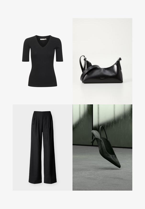 Haut noir à manches courtes en côte avec un col en V, présentant une silhouette ajustée et une texture lisse. Simple et polyvalent pour le superposition.; Pantalon noir taille haute à jambes larges avec plis avant et poches latérales, présenté sur un fond clair uni.; Escarpin à talon haut en cuir noir avec bride arrière et bout pointu, flottant au-dessus d'un sol recouvert de moquette grise, mur verdâtre flou en arrière-plan.; Sac à main en cuir noir avec une texture lisse. Dispose d'une bandoulière adjustable et d'un design élégant et minimaliste avec une fermeture éclair.