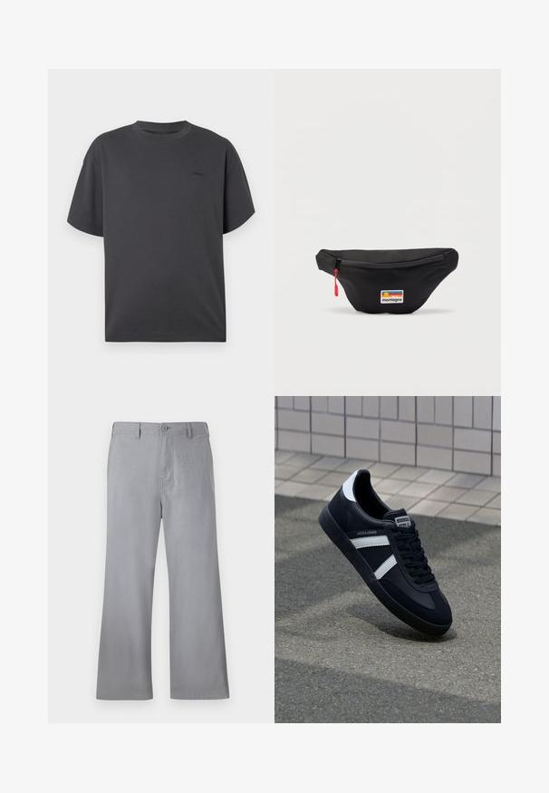 Camiseta de manga corta color gris oscuro con cuello redondo y un pequeño logo sutil en el lado izquierdo del pecho, presentada sobre un fondo blanco.; Pantalones de pierna ancha grises, hechos de una tela suave, con cierre frontal de botón, trabillas para cinturón y un diseño limpio sin patrones ni acentos visibles.; Zapatilla de cuero negra con rayas blancas, suela de goma texturizada y parte frontal con cordones. Cuenta con una etiqueta de marca en la lengüeta.; Riñonera negra con un tirador de cremallera rojo y una parche rectangular con el logotipo "montagne" que muestra un sol y franjas en la parte delantera.