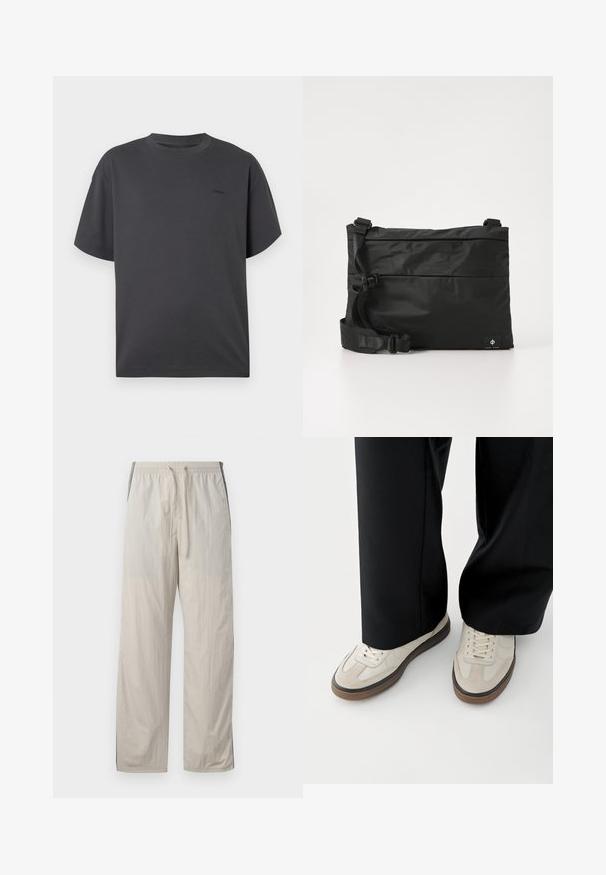 Camiseta de manga corta color gris oscuro con cuello redondo y un pequeño logo sutil en el lado izquierdo del pecho, presentada sobre un fondo blanco.; Pantalones ligeros de color beige, con cordón y cintura elástica, que presentan paneles laterales oscuros y un diseño de pierna recta y holgada.; Pies con zapatillas beige con suelas marrones y pantalones negros de pierna ancha sobre un fondo blanco.; Bolso mensajero de nylon negro con correa ajustable, diseño plano y una etiqueta lateral con un logo. Textura suave y estilo minimalista.