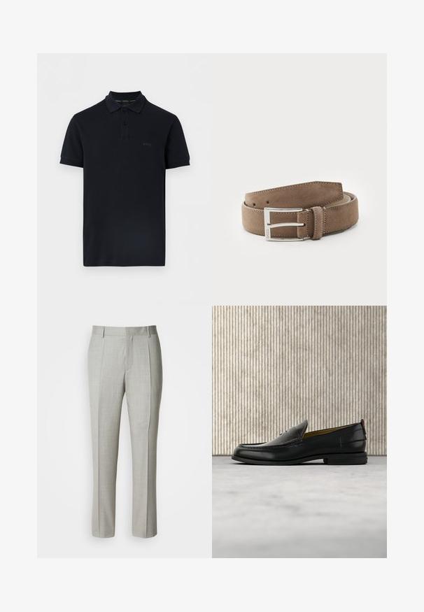 Polo noir à manches courtes avec deux boutons et "BOSS" brodé sur le côté gauche de la poitrine.; Pantalon tailleur gris clair en tissu lisse, présentant une coupe droite, des plis à l'avant, et une ceinture classique avec passants pour ceinture.; Mocassin pour homme en cuir noir avec un dessus embossé effet croco et un petit talon, présenté de profil sur un fond neutre.; Ceinture en daim de couleur marron clair, avec une texture lisse et une boucle en métal argenté. Présente cinq trous et des bords cousus pour une meilleure durabilité.