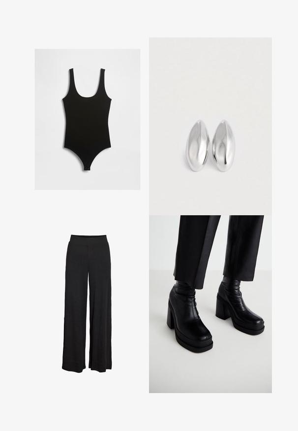 Maillot de bain noir avec un décolleté rond, des bretelles fines et une silhouette ajustée. Confectionné en tissu lisse et extensible. Dispose de fermetures à pression au bas.; Pantalon large noir à taille haute élastique avec une subtile texture côtelée, conçu pour une coupe ample et confortable.; Bottines noires en cuir avec plateforme, talon bloc haut et texture lisse. Présentent des détails de coutures et un design supérieur ajusté.; Paire d'objets ovales en argent luisant et lisse disposés côte à côte sur un fond blanc uni.
