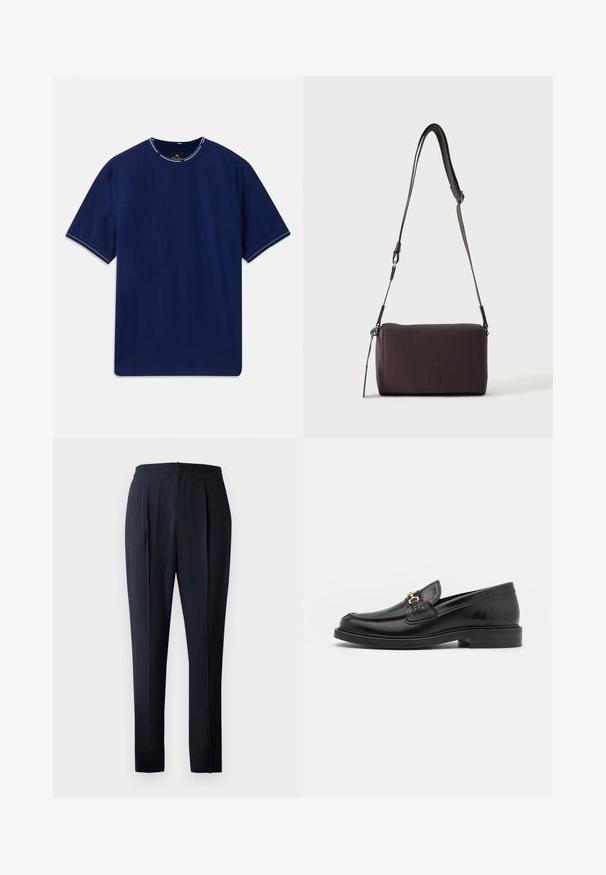 Navyblauwe katoenen t-shirt met korte mouwen, ronde hals, met een witte stikaccent op de kraag en de mouwboorden. Glad van structuur.; Marineblauwe broek met een ontspannen pasvorm, geplooide voorkant en elastische tailleband. De stof lijkt glad met een subtiele glans.; Zwarte leren instappers met een ronde neus, voorzien van een gouden hardware accent en stikdetails, geplaatst op een lage, getextureerde rubberen zool.; Donkerbruine gestructureerde leren crossbodytas met verstelbare riem en klein decoratief blauw accent aan de zijkant.