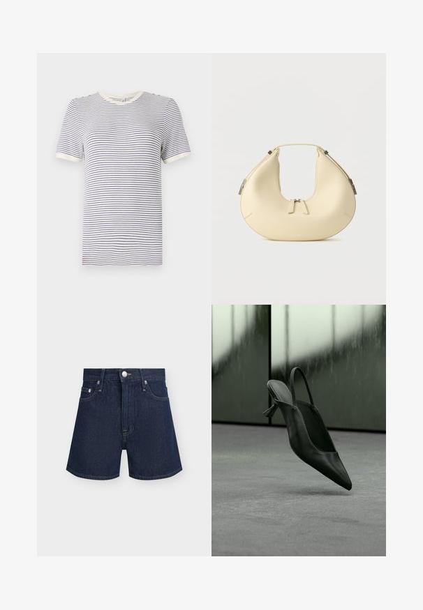 Stribet T-shirt i hvid og marineblå, korte ærmer, rund halsudskæring, med kontrasterende krave og ærmekanter. Blødt bomuldsmateriale.; Mørkeblå denimshorts med knap og lynlås foran, bæltestropper og forlommer på ensfarvet lys baggrund.; Sort læder slingback højhælet sko med spids tå svævende over gråt tæppe, sløret grønlig væg i baggrunden.; Beige håndtaske i halvmåneform med dobbelt lynlåslukning og kort håndtag, udstyret med sølvfarvede hardware-detaljer på siderne.
