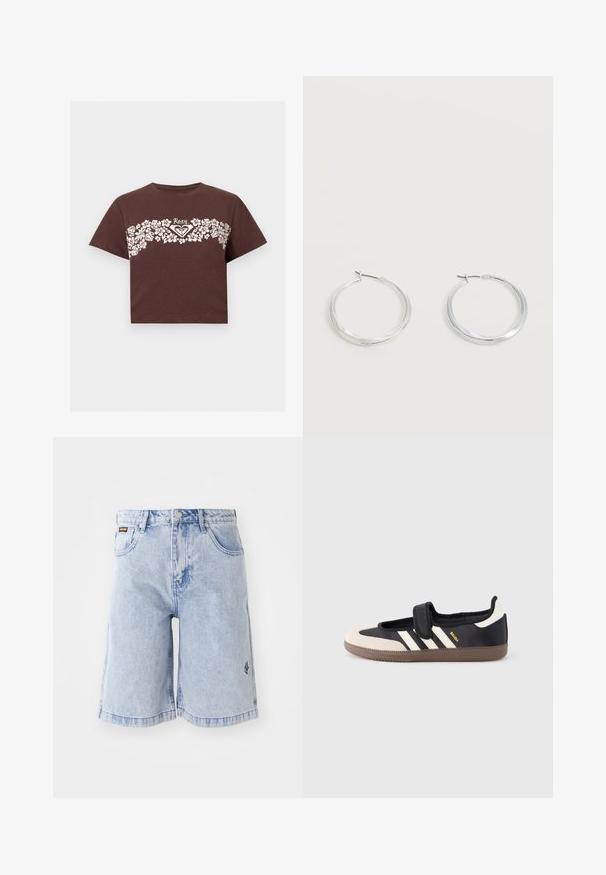 T-shirt crop marron avec motif floral blanc sur la poitrine et logo "Roxy" au centre.; Shorts en denim bleu clair avec une taille haute, une coupe ample et des poches avant. Coutures décoratives et logo de la marque brodé sur le côté.; Baskets noires et beiges avec une bride en velcro, trois bandes blanches sur le côté, et une semelle en caoutchouc marron texturée. Logo de la marque visible.; Boucles d’oreilles créoles en métal argenté avec une surface lisse légèrement incurvée et des fermoirs à clapet sur un fond blanc uni.