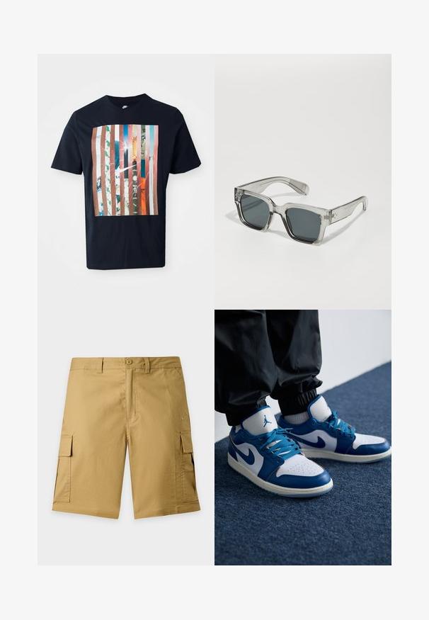 Marineblaues T-Shirt mit einem grafischen Design, das vertikale Streifen in verschiedenen Farbtönen zeigt, ergänzt durch städtische Motive und ein Nike-Logo.; Khakifarbene Cargo-Shorts mit Knopf vorne, Gürtelschlaufen, seitlichen Klappentaschen und dezentem Markenlogo auf der rechten Beintasche.; Die Nike Air Jordan Sneakers verfügen über eine weiße Lederbasis mit blauen synthetischen Akzenten, einer perforierten Zehenbox und blauen Schnürsenkeln.; Klare, übergroße Sonnenbrillen mit dunklen Gläsern, ausgestattet mit einem massiven rechteckigen Rahmen und strukturierten Bügelakzenten. Hergestellt aus transparentem Kunststoff.