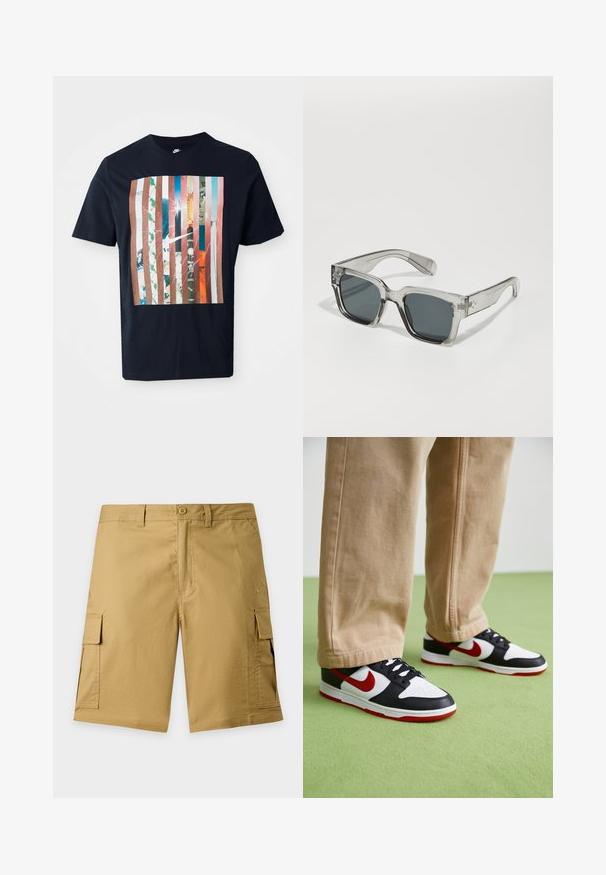 Camiseta navy con un diseño gráfico que presenta rayas verticales en varios tonos, incorporando imágenes urbanas y un logo de Nike.; Pantalones cortos cargo color caqui con botón delantero, trabillas para cinturón, bolsillos laterales con solapa y un discreto logo de la marca en el bolsillo derecho de la pierna.; Las zapatillas Nike Dunk presentan un diseño de cuero negro con acentos rojos y un swoosh blanco. La suela es roja, con una puntera blanca texturizada.; Gafas de sol sobredimensionadas y claras con lentes oscuros, que presentan un marco rectangular grueso y acentos texturizados en las patillas. Fabricadas de plástico transparente.