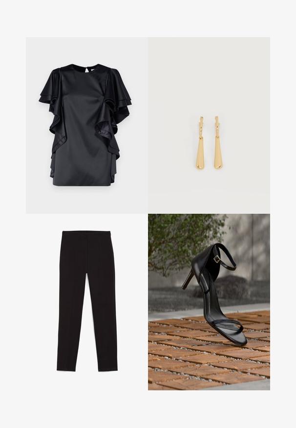 Robe en satin noir avec des manches à volants superposées et un col rond. Dispose d'une fermeture en trou de serrure au dos et d'une texture lisse.; Leggings noirs en tissu extensible, avec un design ajusté, des détails de couture et une taille élastique. Texture lisse, coupe longue.; Sandale noire à talon haut avec sangle à la cheville, suspendue au-dessus d'un sol en carreaux de bois à l'extérieur, avec un arrière-plan flou de verdure et de pierre.; Boucles d'oreilles pendantes en ton or avec des pendentifs lisses en forme de goutte allongée suspendus à de petites attaches en forme d'anneau sur un fond blanc.
