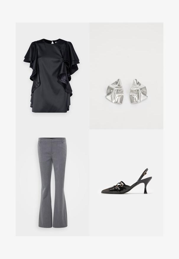Robe en satin noir avec des manches à volants superposées et un col rond. Dispose d'une fermeture en trou de serrure au dos et d'une texture lisse.; Gina Tricot Tall RELAXED TROUSERS - Pantalon classique - grey melange; ALOHAS JOELLE ONIX - Escarpins - black; Boucles d'oreilles en métal argenté avec un design ondulé et sculptural, présentant une finition polie et des formes irrégulières, mettant en valeur une esthétique contemporaine.
