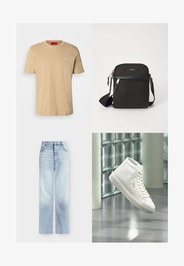 T-shirt en coton beige avec un col rond, des manches courtes et un petit logo blanc "HUGO" sur la poitrine. Texture lisse sans motifs.; Jeans bleu clair taille haute à jambes droites, avec poches avant, passants de ceinture et fermeture par bouton.; Baskets montantes blanches avec lacets et logo rouge "Hugo" sur le côté, flottant au-dessus d'un sol gris réfléchissant dans un cadre intérieur moderne.; Sac bandoulière noir en tissu texturé, avec un logo sur le devant, fermeture éclair et une bandoulière réglable. Finitions en cuir lisse.