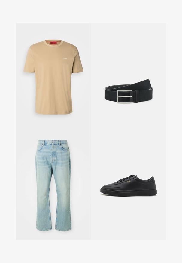 T-shirt en coton beige avec un col rond, des manches courtes et un petit logo blanc "HUGO" sur la poitrine. Texture lisse sans motifs.; Jeans évasés en denim bleu clair avec une taille haute, dotés de cinq poches, de passants de ceinture et d'une texture délavée.; Baskets en cuir noir avec une texture lisse, bout rond, semelle en caoutchouc plate et lacets ton sur ton. Présente une marque "BOSS" dorée sur le côté.; Ceinture en suède noir avec une boucle en métal argenté, au design plat et avec des coutures contrastées le long des bords. Texture lisse dans l'ensemble.