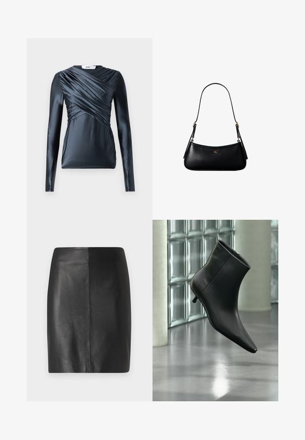 Haut à manches longues en satin bleu marine foncé avec des détails froncés à l'avant et une texture lisse, mettant en valeur un col rond et une silhouette ajustée.; Jupe en cuir noir avec une coupe ajustée et une texture lisse, présentant une couture centrale à l'avant et une silhouette épurée et minimaliste.; Bottine en cuir noir à bout pointu et petit talon kitten, présentée en angle devant un sol poli et un mur en blocs de verre.; Mini sac à bandoulière en cuir noir avec une fine bandoulière et un petit logo CK doré au centre avant.
