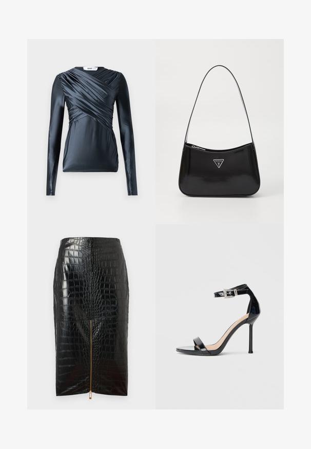 Haut à manches longues en satin bleu marine foncé avec des détails froncés à l'avant et une texture lisse, mettant en valeur un col rond et une silhouette ajustée.; Jupe crayon en simili cuir noir avec une texture crocodile, dotée d'une fermeture éclair centrale dorée et d'une finition lisse.; Sandale à talon haut en cuir verni noir avec bride à la cheville. Présente un design minimaliste, un bout ouvert et une boucle ornée de strass.; Sac à épaule en cuir verni noir avec une forme incurvée, présentant un logo triangle en argent et une fermeture éclair. Texture lisse et bandoulière fine.