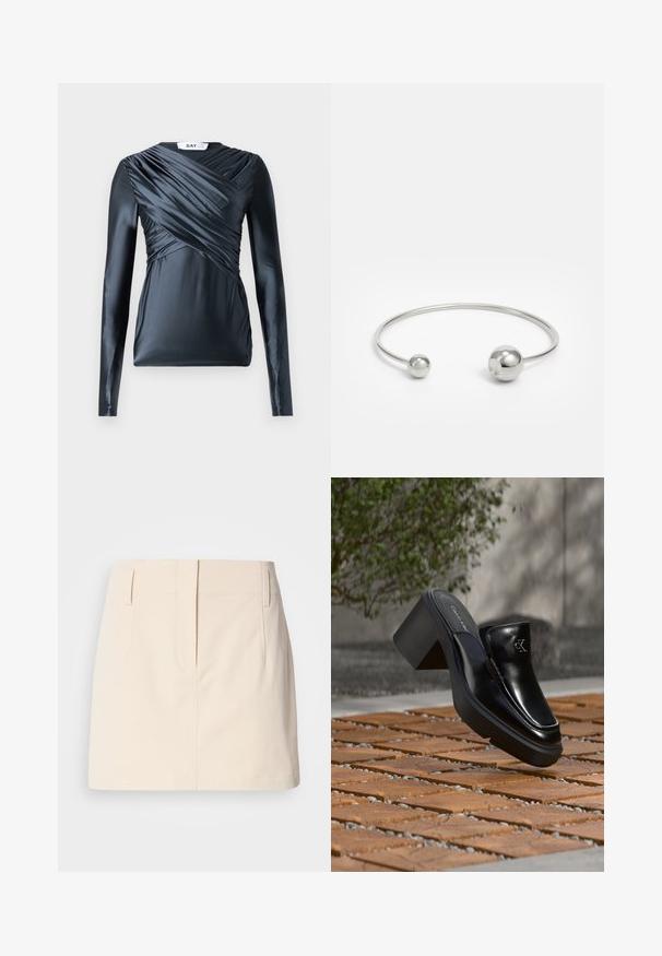 Top de manga larga en satén de un oscuro tono marino, con detalles gather en la parte frontal y una textura suave, que presenta un escote redondo y una silueta ajustada.; Calvin Klein Jeans SKIRT - Falda acampanada - fog; Mule tipo slip-on de cuero negro de Calvin Klein con tacón de bloque descansando sobre baldosas de madera al aire libre cerca de una planta verde y una pared gris.; Brazalete de metal plateado con dos acentos esféricos en cada extremo, superficie lisa, diseño abierto y forma elegante y minimalista.