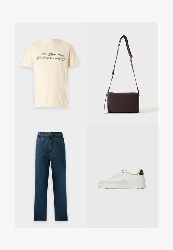 Cream-colored cotton t-shirt with short sleeves featuring green text that reads "KidSuper," "Super Fluff n' Fold," and laundry details.; Dark blue denim straight-leg jeans with a high waist, featuring front pockets and a button closure. Textured fabric with subtle fading.; White sneaker with suede accents, rounded toe, flat laces, and a cream rubber sole. Features green branding on the heel.; Dark brown textured leather crossbody bag with adjustable strap and small decorative blue accent on the side.