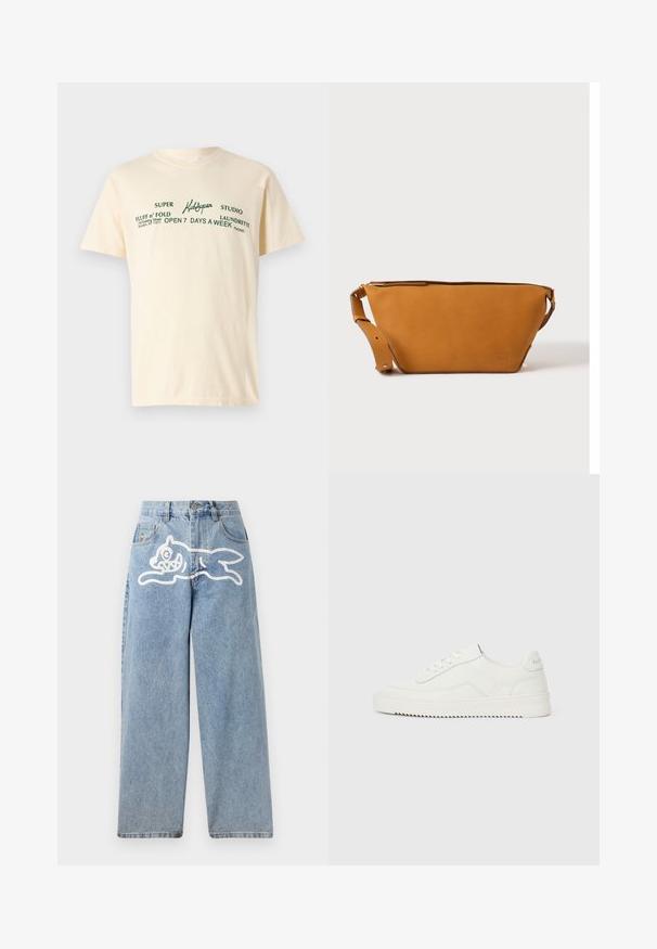 Cremfarbene Baumwoll-T-Shirt mit kurzen Ärmeln, das grünen Text zeigt mit der Aufschrift "KidSuper", "Super Fluff n' Fold" und Waschdetails.; Helleblaue Denim-Jeans mit einer lockeren, weiten Passform. Auf der Rückseite befindet sich ein weißes Grafikdesign eines laufenden Katers. Klassisches Fünf-Taschen-Design.; Weißer Low-Top-Lederschuh mit Schnürverschluss, strukturierter Fersenschlaufe und leicht gerillter weißer Gummisohle auf schlichtem hellem Hintergrund.; Hellbraune Leder-Umhängetasche mit verstellbarem Schulterriemen und Reißverschluss, vor einem schlichten hellen Hintergrund gezeigt.