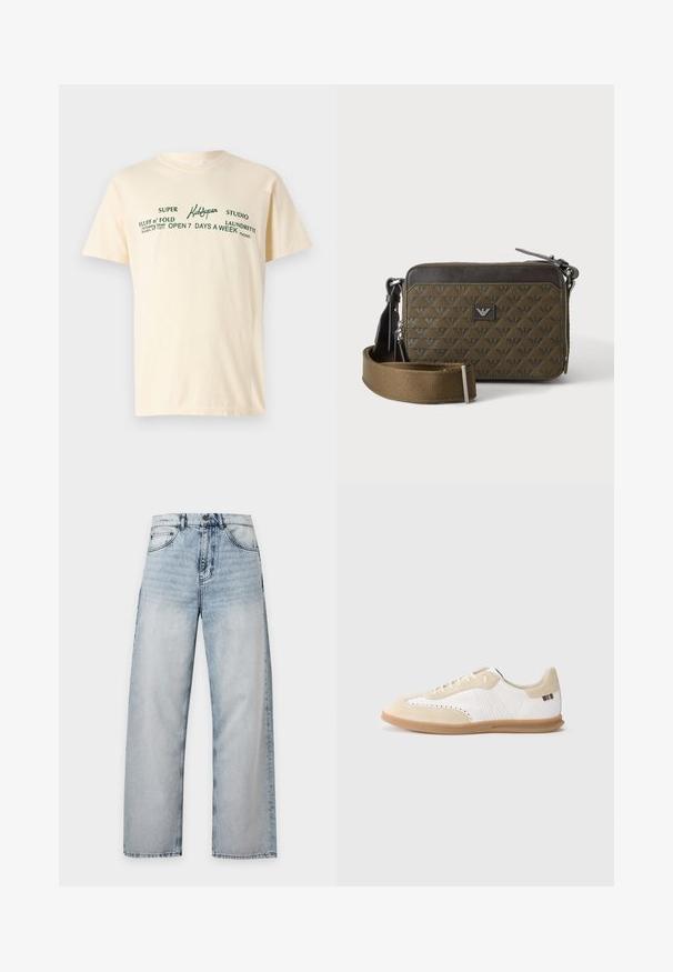 T-shirt en coton couleur crème à manches courtes avec un texte vert indiquant "KidSuper", "Super Fluff n' Fold" et des détails de lavage.; Jean en denim bleu clair délavé, coupe droite, design classique cinq poches, fermeture par bouton à la taille.; Baskets blanches avec accents en daim beige clair, détails perforés, lacets plats et semelle en caoutchouc naturel. Présentent un logo rayé sur le talon.; Petit sac bandoulière rectangulaire marron avec texture à motifs, patch logo devant, fermeture éclair et large bandoulière réglable.